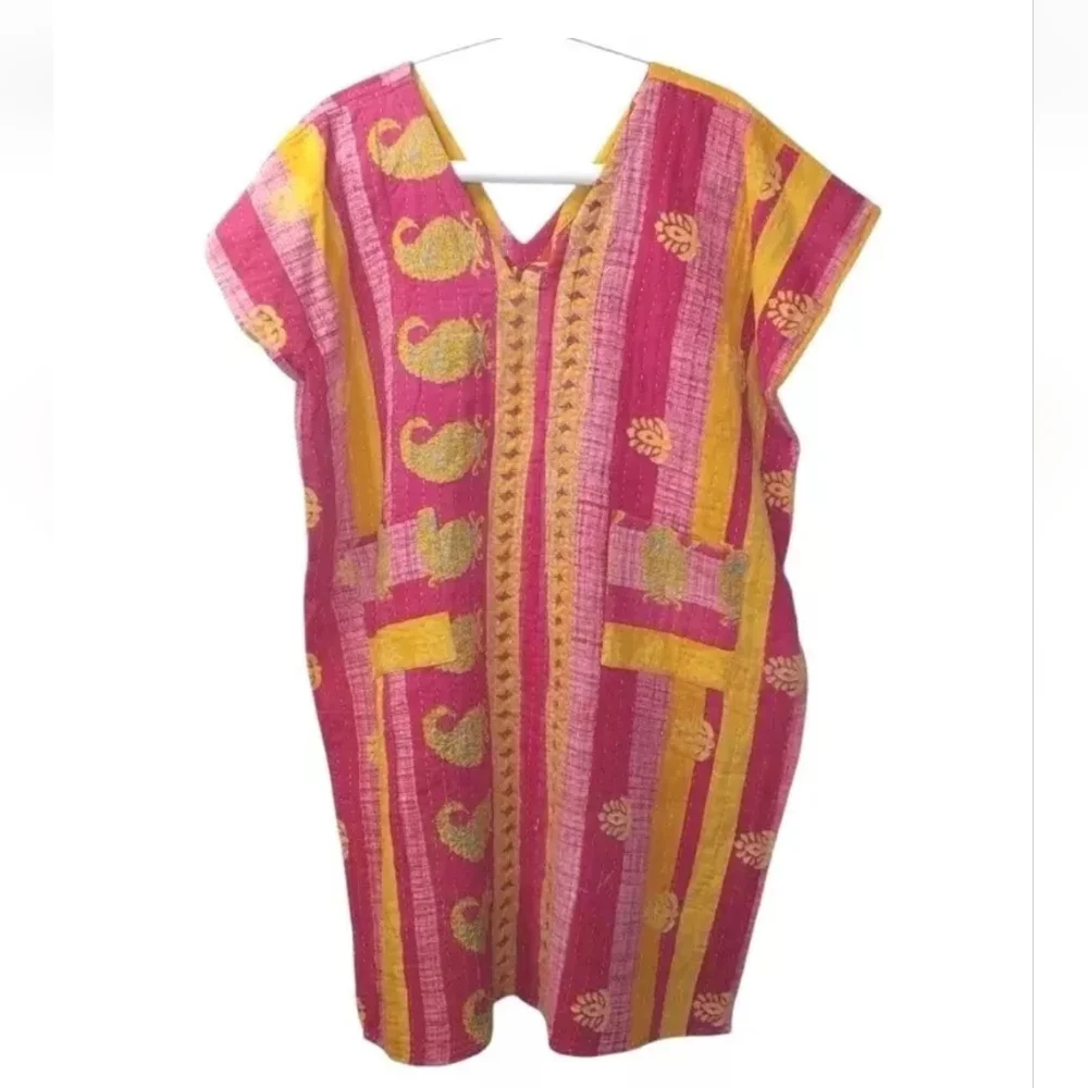 Kantha Patchwork Kimono Tunic Poncho Top Colorful Patch Pockets Woman One Sz #C